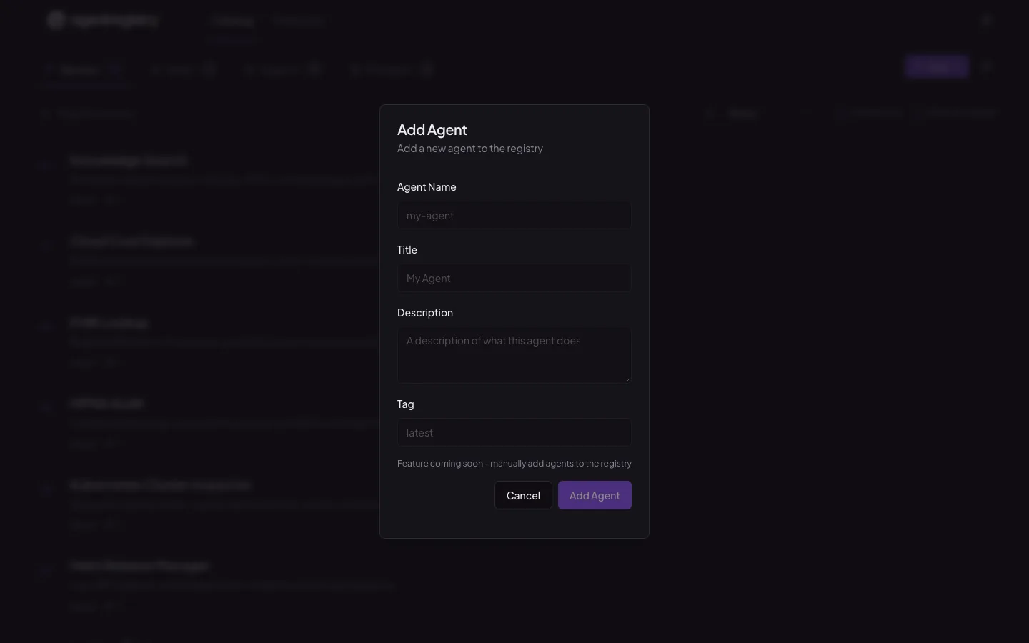 The agentregistry web UI — Add agent