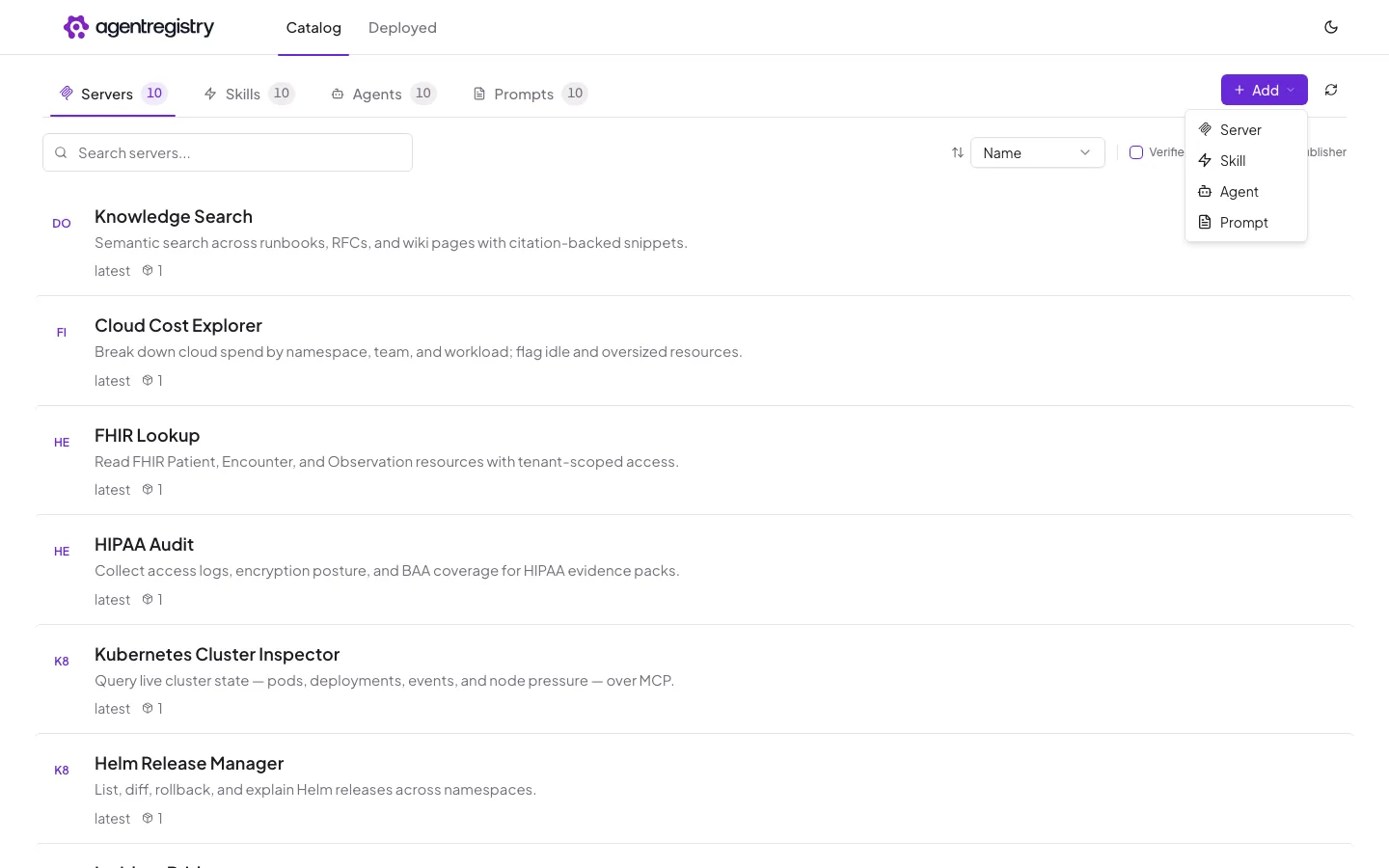 The agentregistry web UI — Add menu