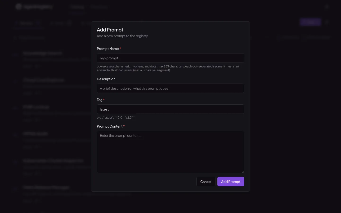 The agentregistry web UI — Add prompt