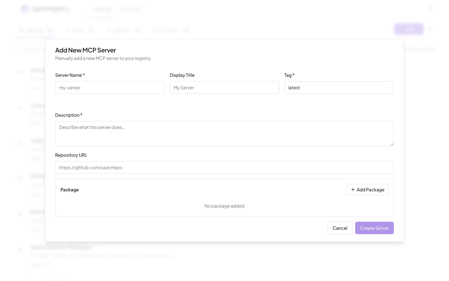 The agentregistry web UI — Add server