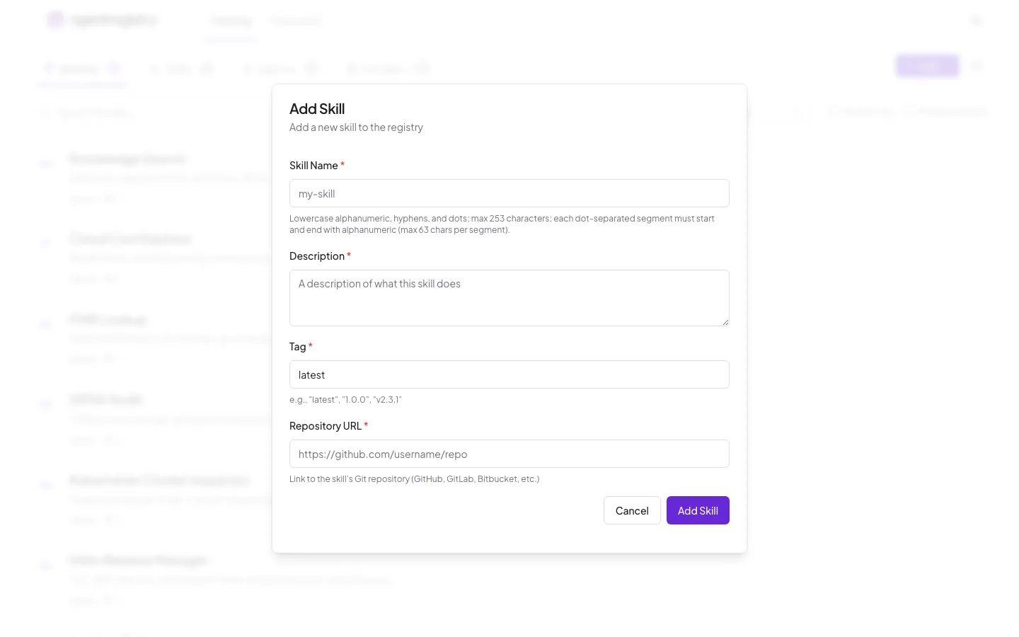 The agentregistry web UI — Add skill