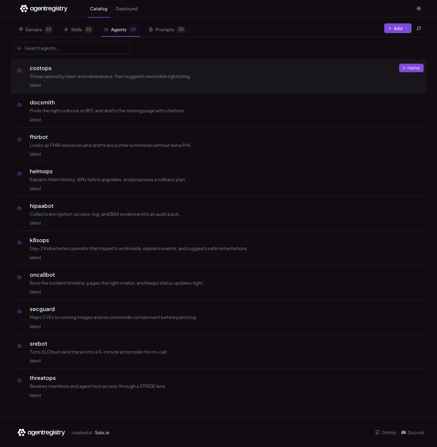 The agentregistry web UI — Agents