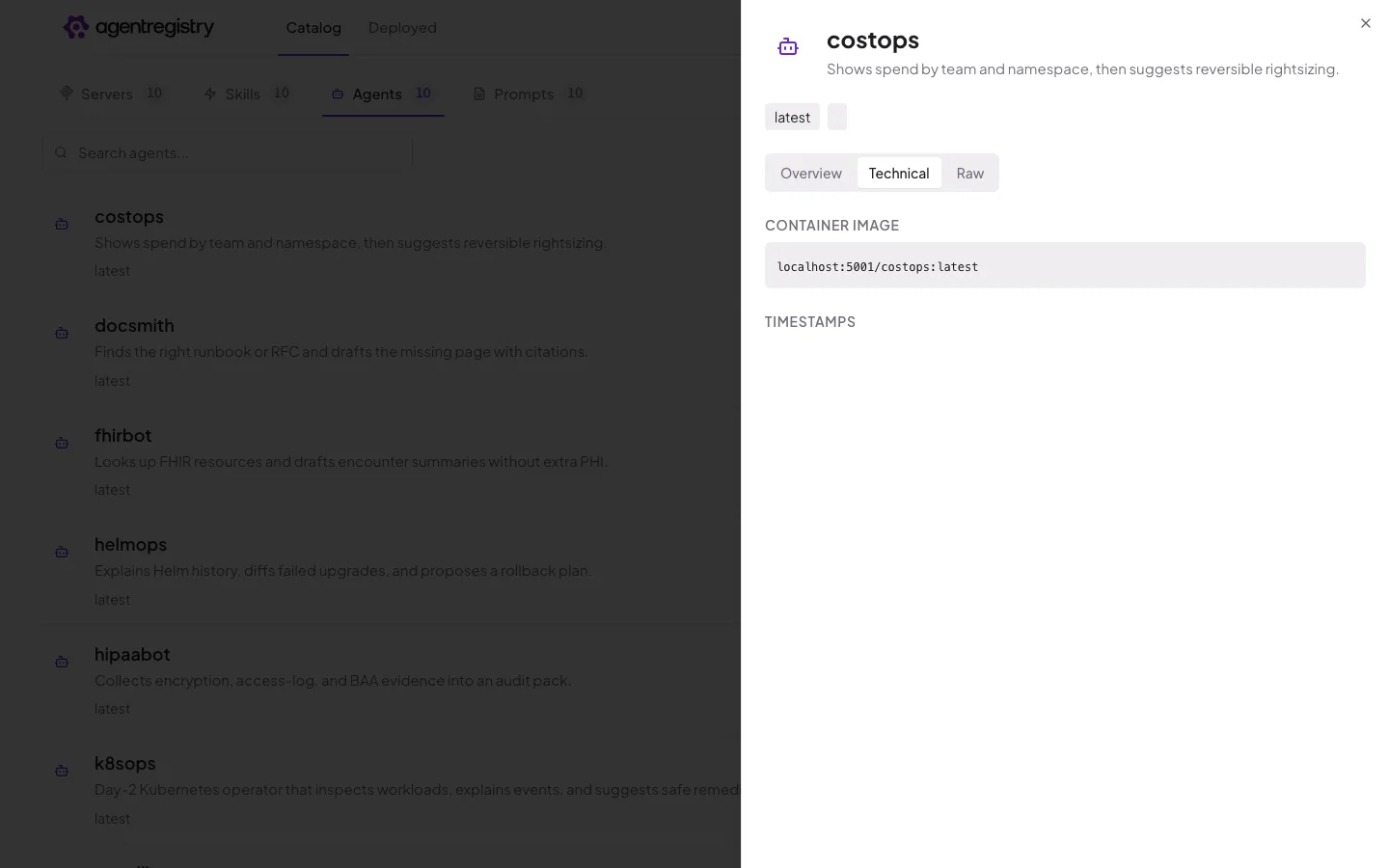 The agentregistry web UI — Agent details — Technical