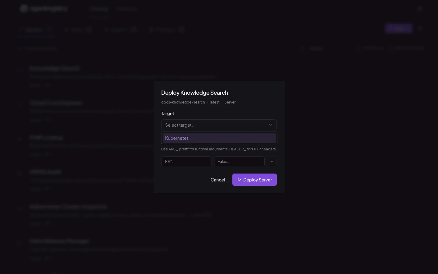 The agentregistry web UI — Deploy server — choose target