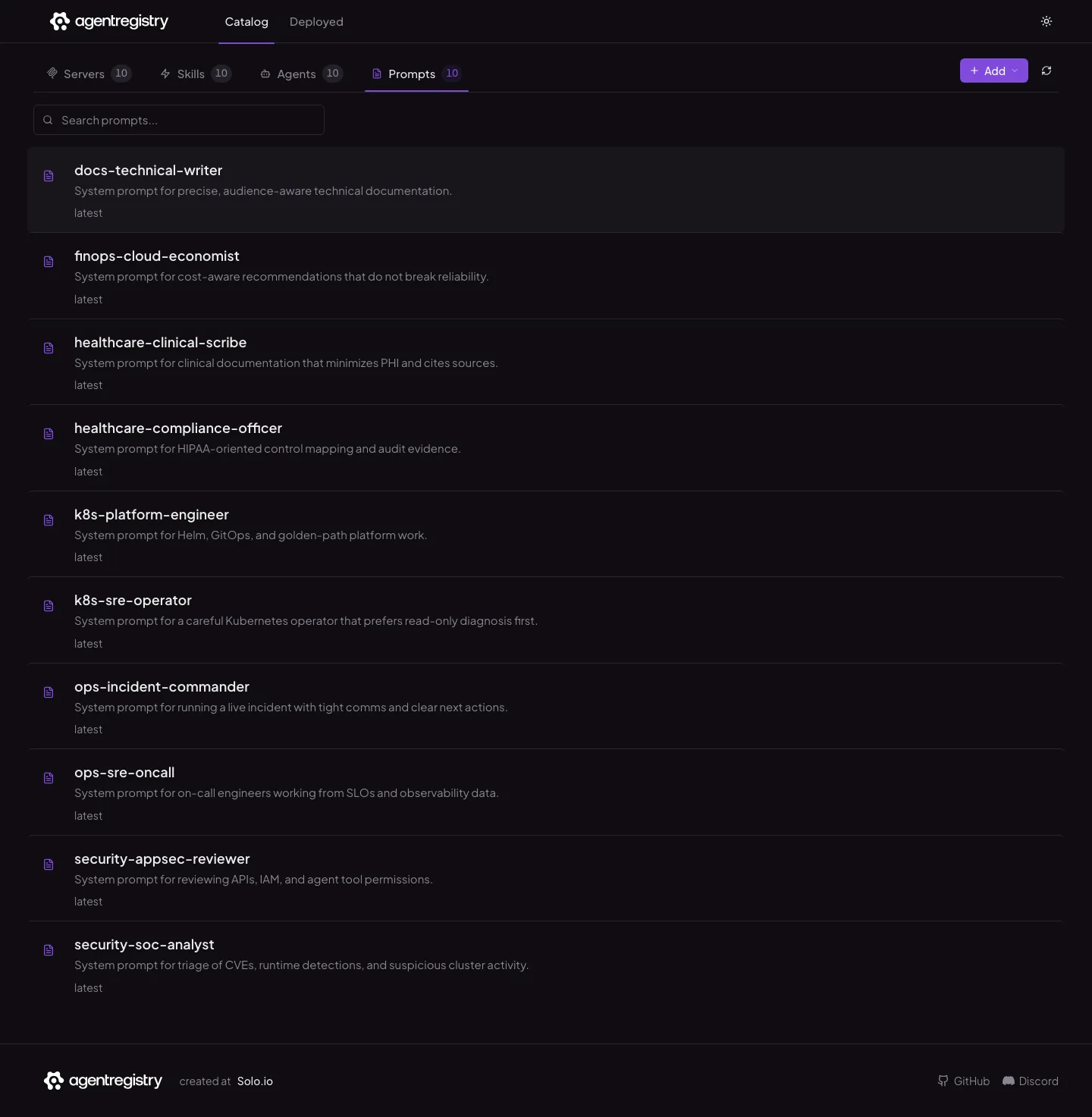 The agentregistry web UI — Prompts