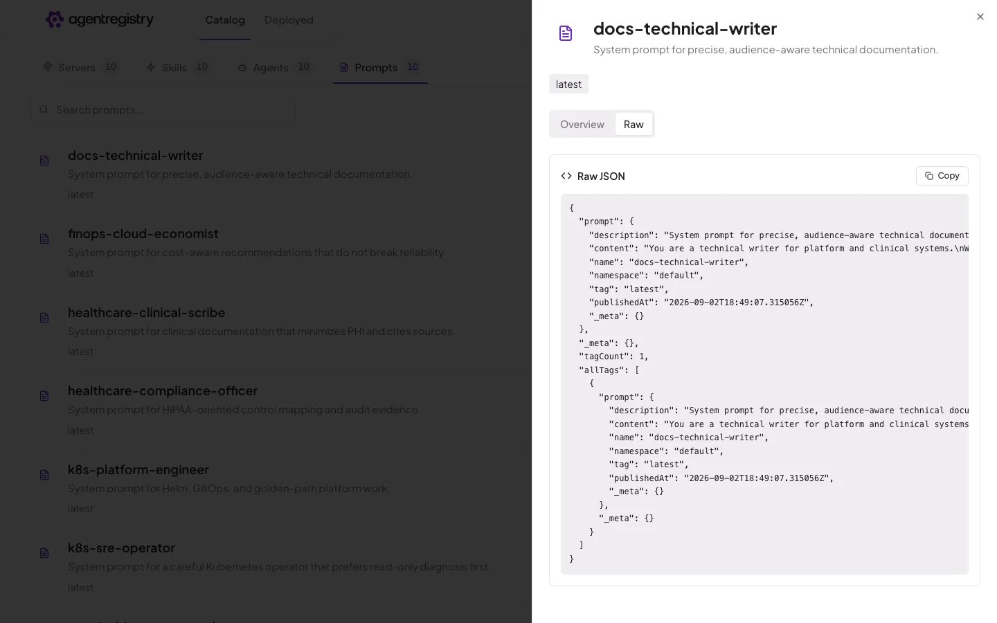 The agentregistry web UI — Prompt details — Raw